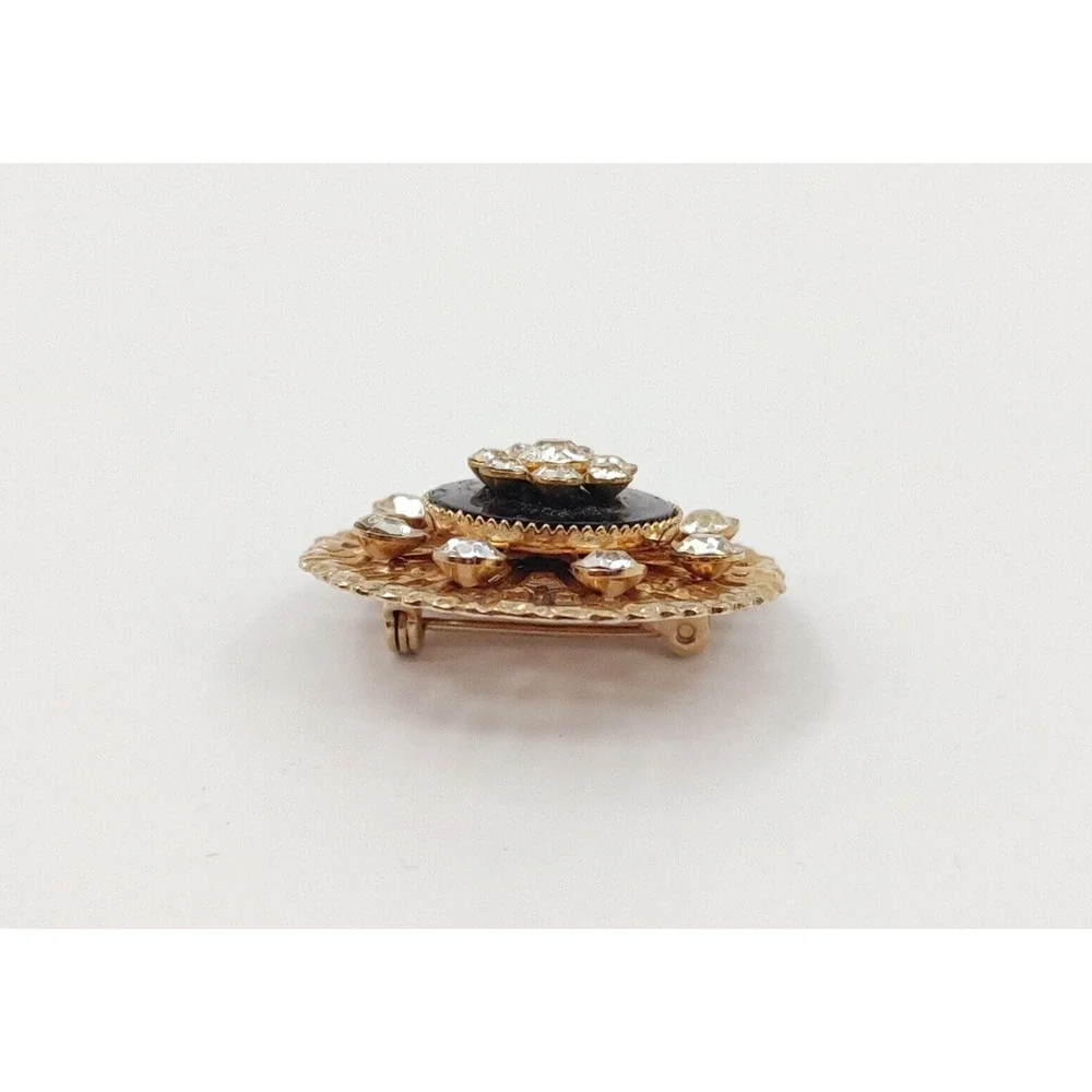Vintage Flower‎ Brooch Pin Black Gold-Tone Rhinestone Victorian